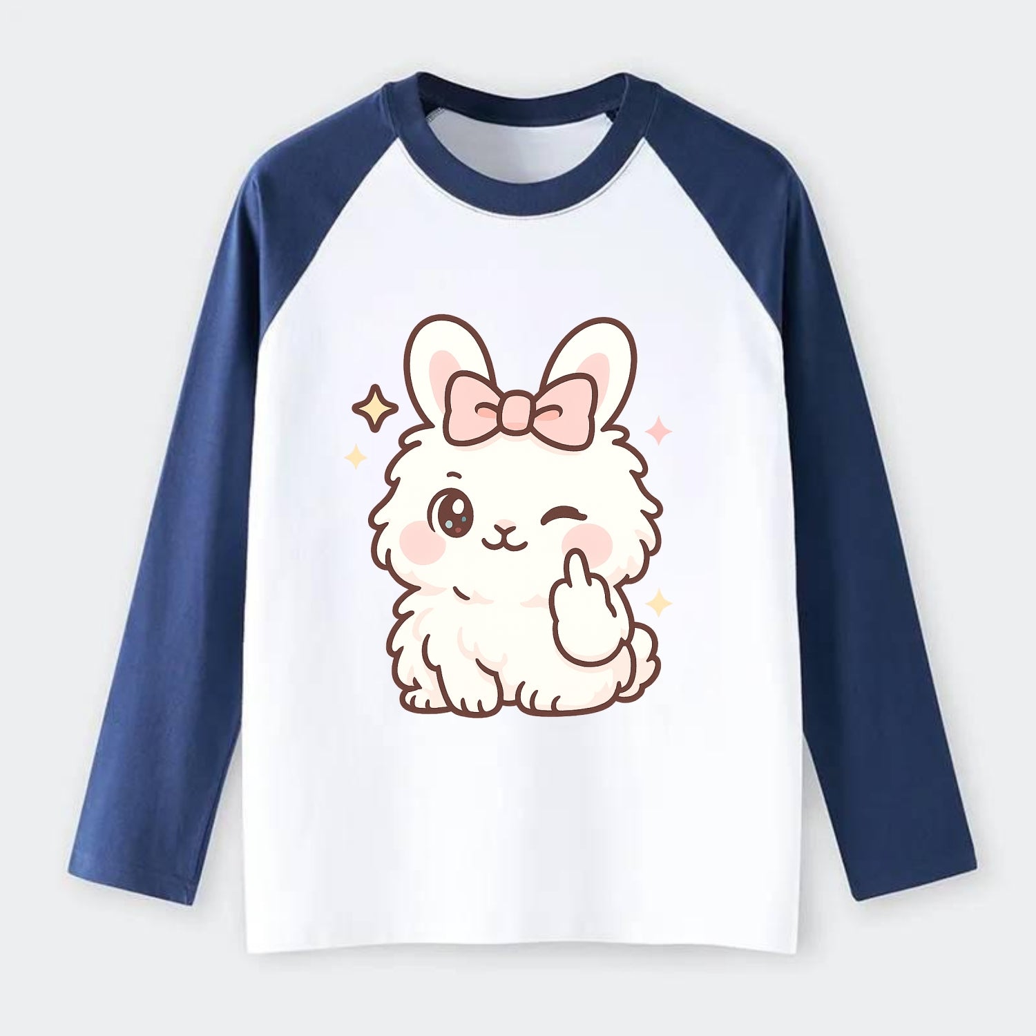 fluffy white angora rabbit with pink bow, one paw delicately flipping - Raglan Long Sleeve T-Shirt - Blue