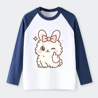 fluffy white angora rabbit with pink bow, one paw delicately flipping - Raglan Long Sleeve T-Shirt - Blue