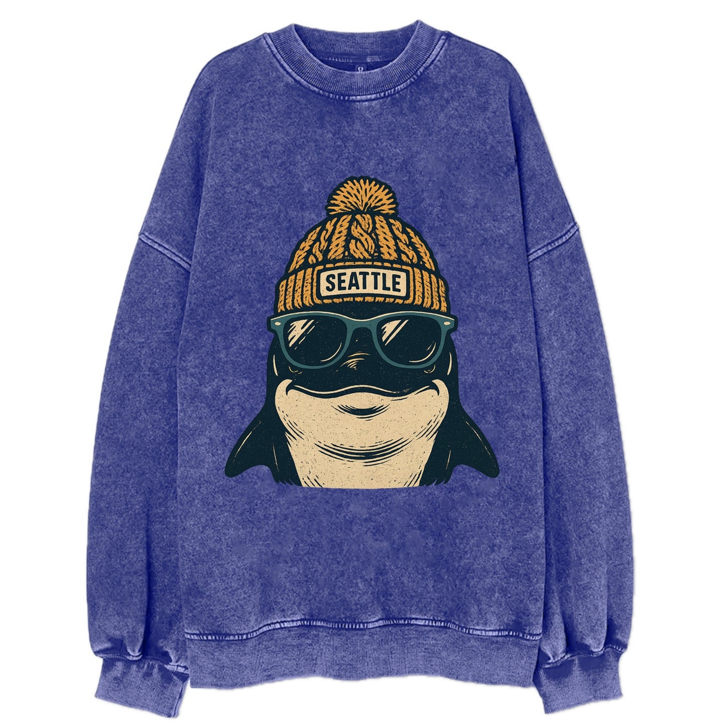 Seattle Orca wearing Seattle beanie with pom pom and wayfarer sunglasses - Vintage Sweatshirt - Blue
