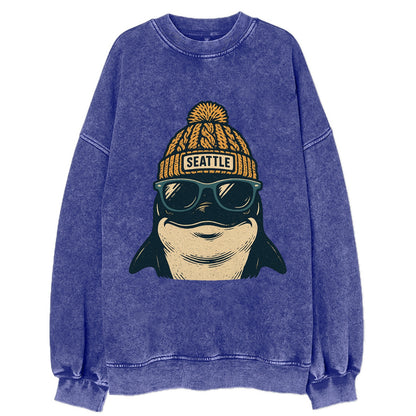 Seattle Orca wearing Seattle beanie with pom pom and wayfarer sunglasses - Vintage Sweatshirt - Blue