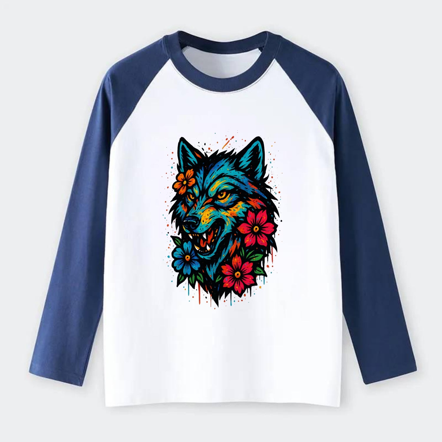 Floral Wolf Garden  - Raglan Long Sleeve T-Shirt - Blue