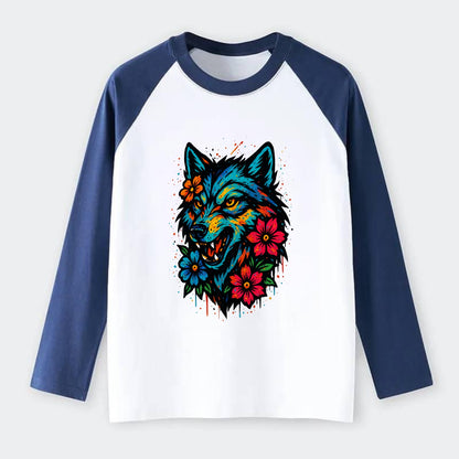 Floral Wolf Garden  - Raglan Long Sleeve T-Shirt - Blue