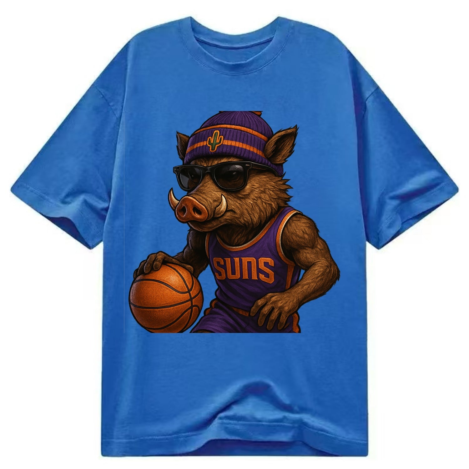 Phoenix Javelina wearing Suns beanie with cactus patch and wayfarer sunglasses - Classic T-shirt - Blue