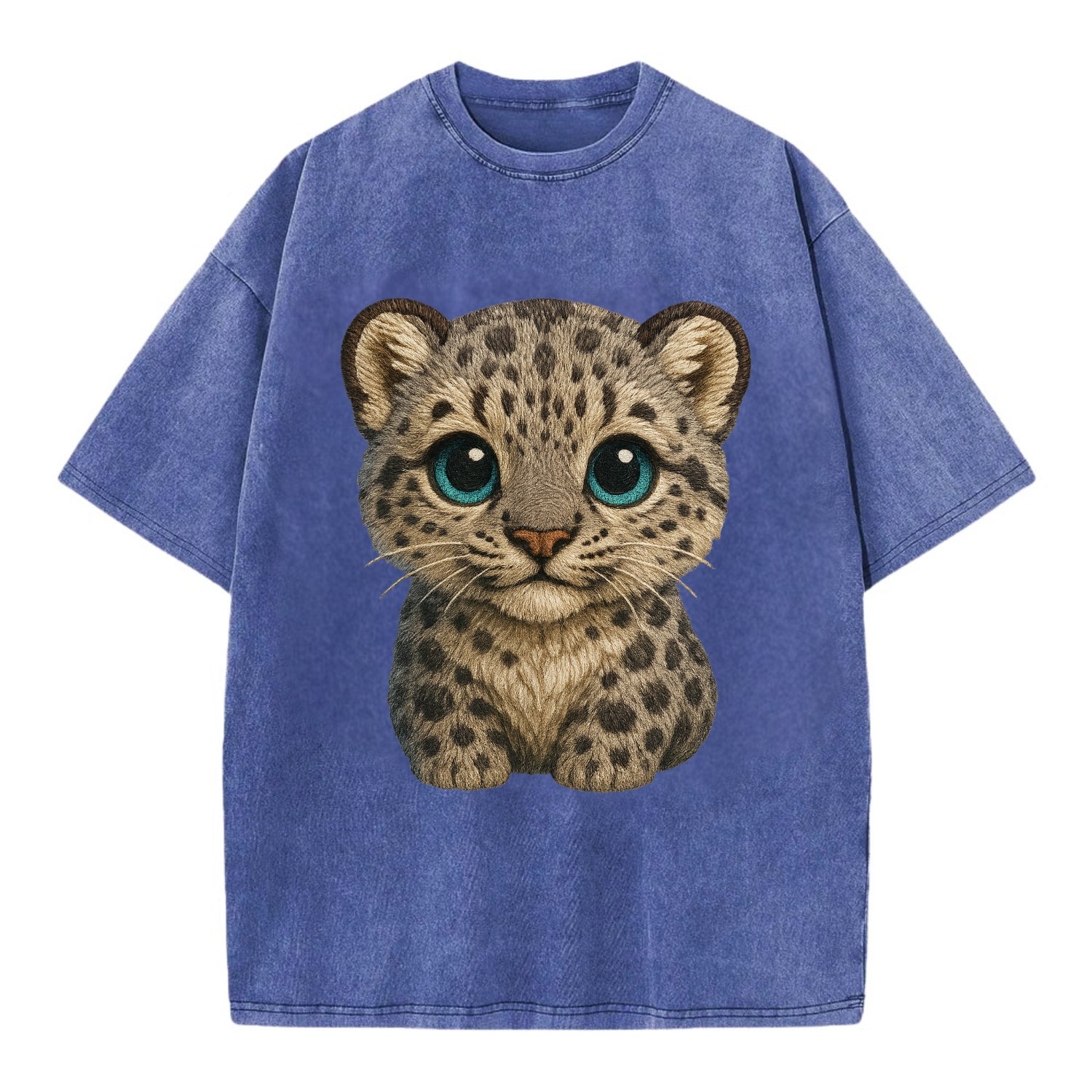 Baby Snow Leopard Cub - gray spotted, thick fur, blue-green eyes, front-facing, - Vintage T-shirt - Blue