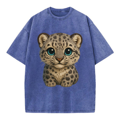 Baby Snow Leopard Cub - gray spotted, thick fur, blue-green eyes, front-facing, - Vintage T-shirt - Blue