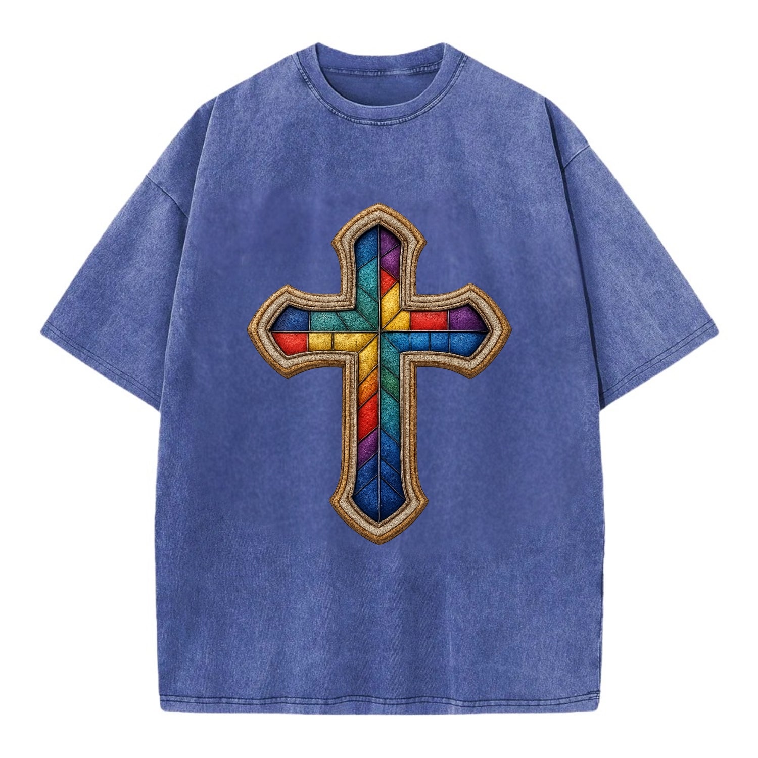 Stained Glass Cross  - Vintage T-shirt - Blue