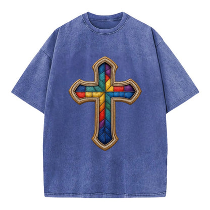 Stained Glass Cross  - Vintage T-shirt - Blue