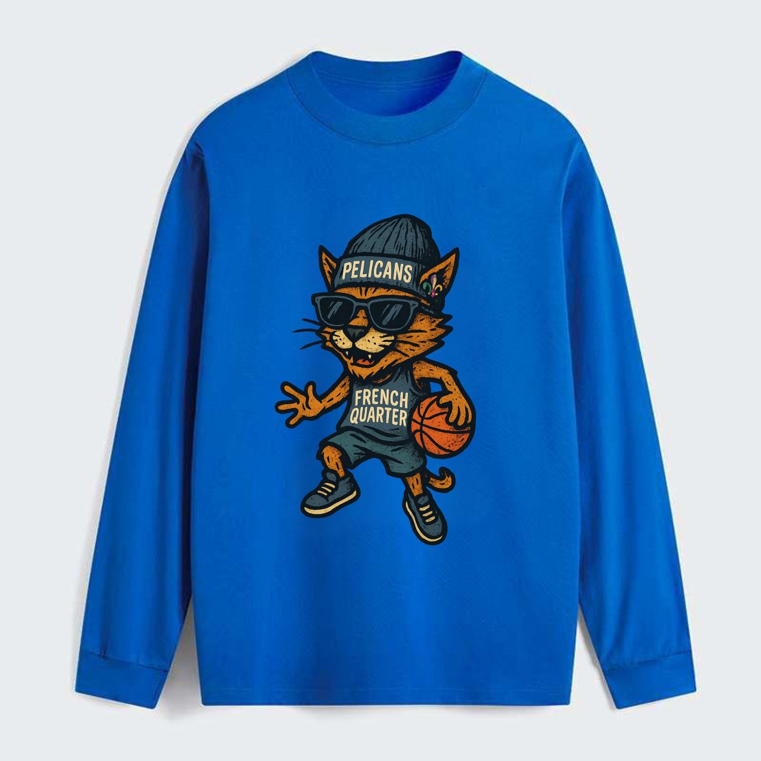French Quarter Cat wearing Pelicans beanie with Mardi Gras patch and - Classic Long Sleeve Shirt - Blue