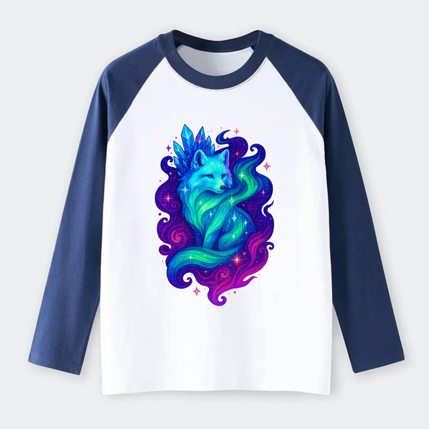 Ethereal arctic fox with fur that transforms into crystal formations, - Raglan Long Sleeve T-Shirt - Blue