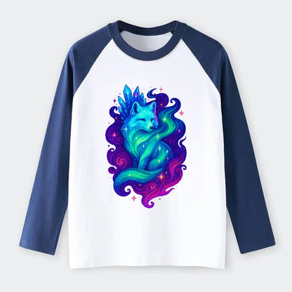 Ethereal arctic fox with fur that transforms into crystal formations, - Raglan Long Sleeve T-Shirt - Blue