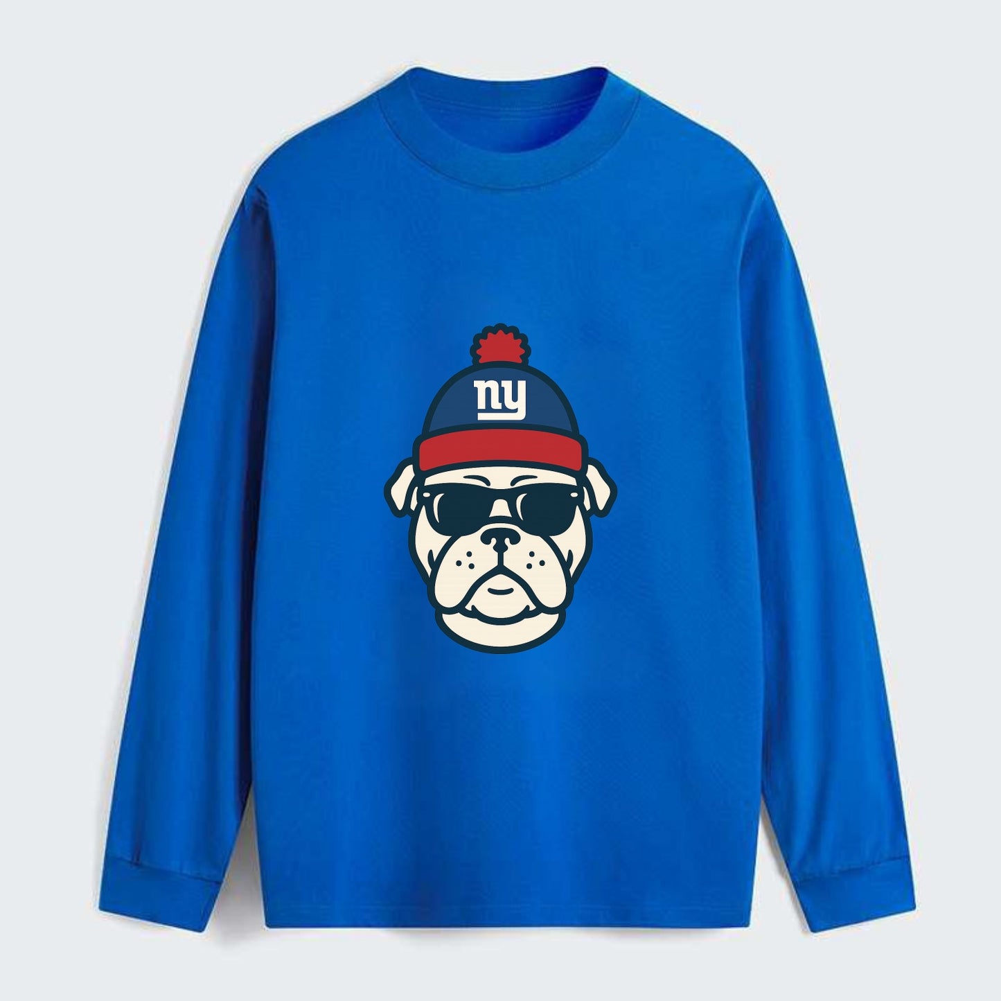 New York Bulldog wearing Giants blue and red beanie with pom pom and - Classic Long Sleeve Shirt - Blue