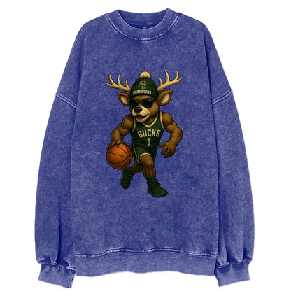 Milwaukee Buck Deer wearing Bucks green and cream beanie with antlers and - Vintage Sweatshirt - Blue