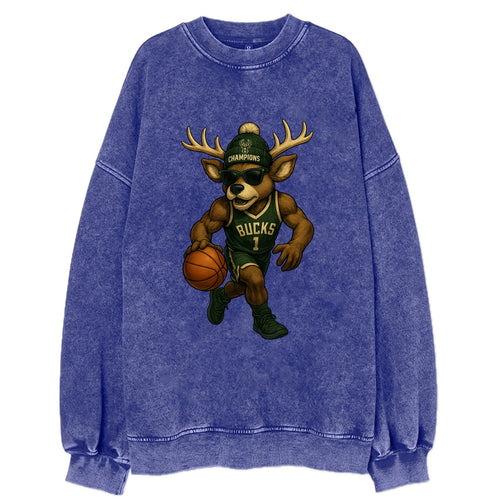Milwaukee Buck Deer wearing Bucks green and cream beanie with antlers and - Vintage Sweatshirt