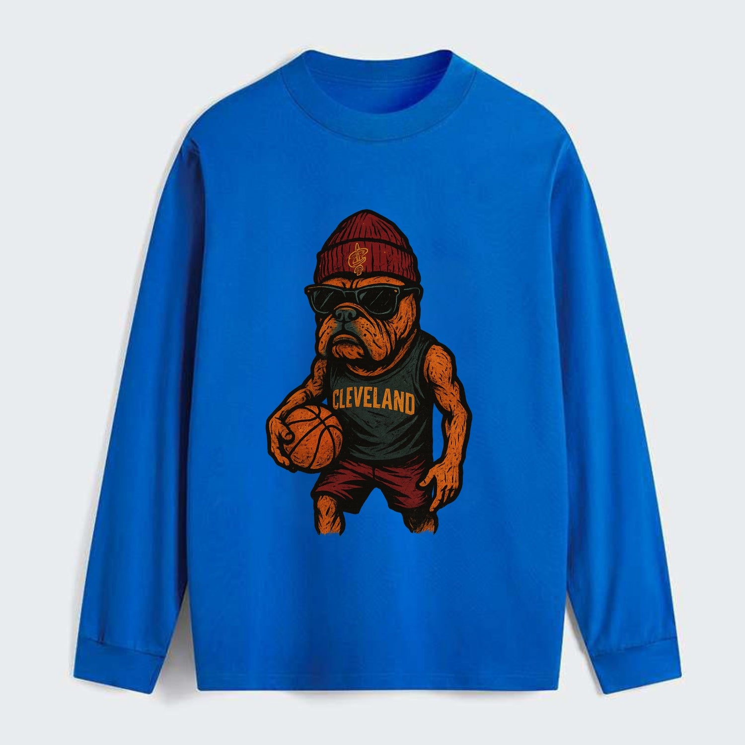 Cleveland Bulldog wearing Cavaliers wine and gold beanie with sword - Classic Long Sleeve Shirt - Blue