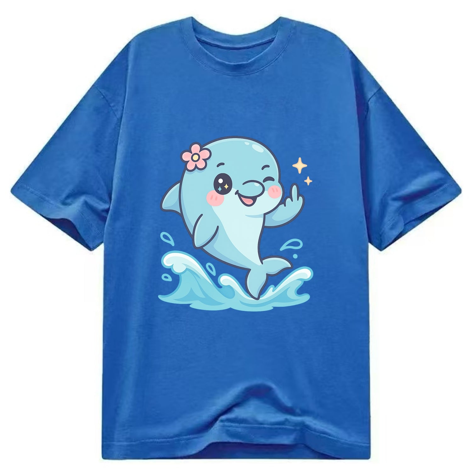 smiling dolphin jumping through ocean waves, one fin up with attitude - Classic T-shirt - Blue