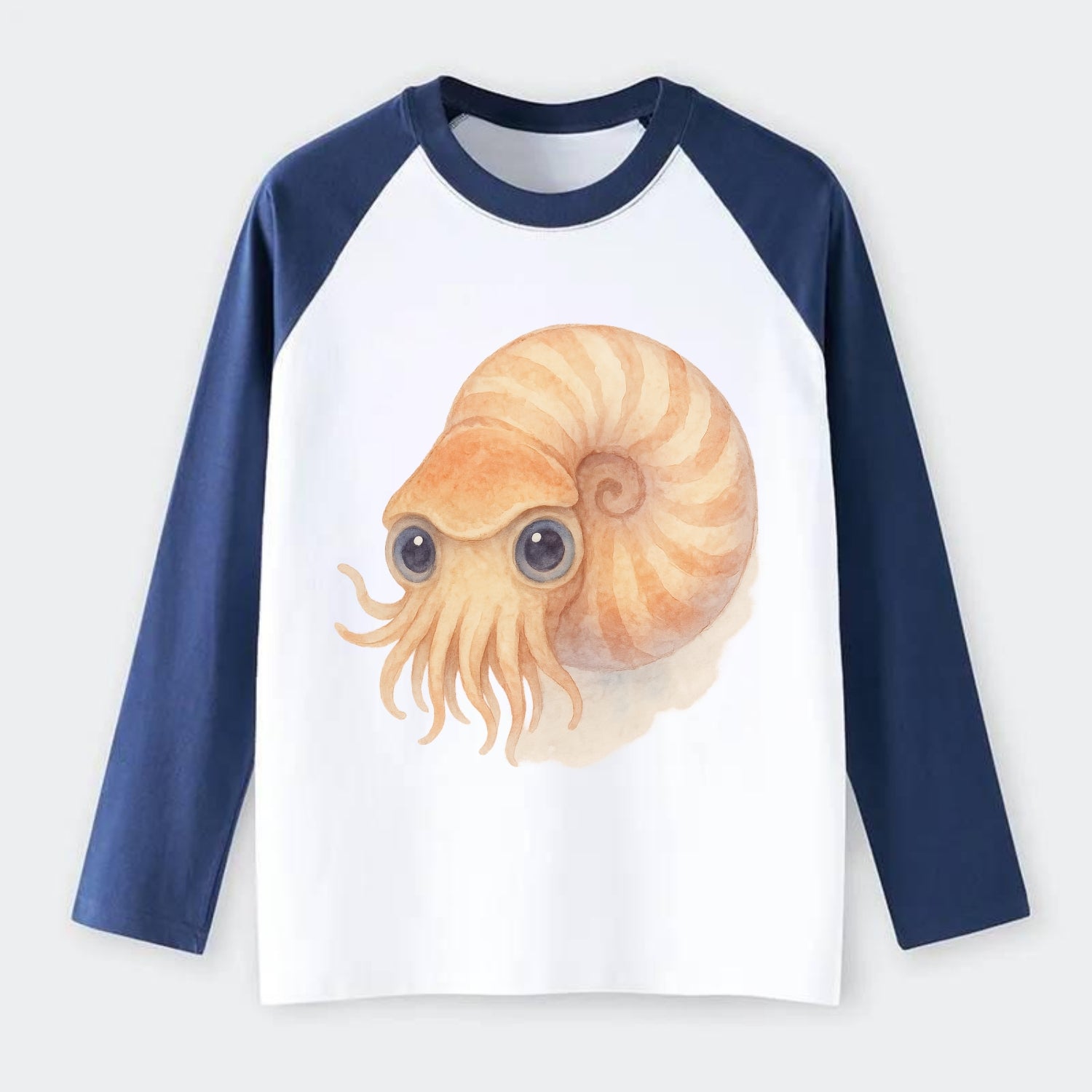 Baby Nautilus - spiral shell, tentacles peeking, ancient eyes, - Raglan Long Sleeve T-Shirt - Blue