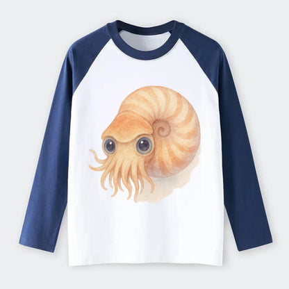 Baby Nautilus - spiral shell, tentacles peeking, ancient eyes, - Raglan Long Sleeve T-Shirt - Blue