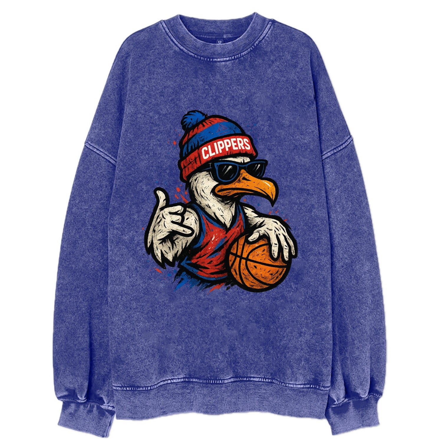 LA Seagull wearing Clippers red white and blue beanie with ship patch and - Vintage Sweatshirt - Blue