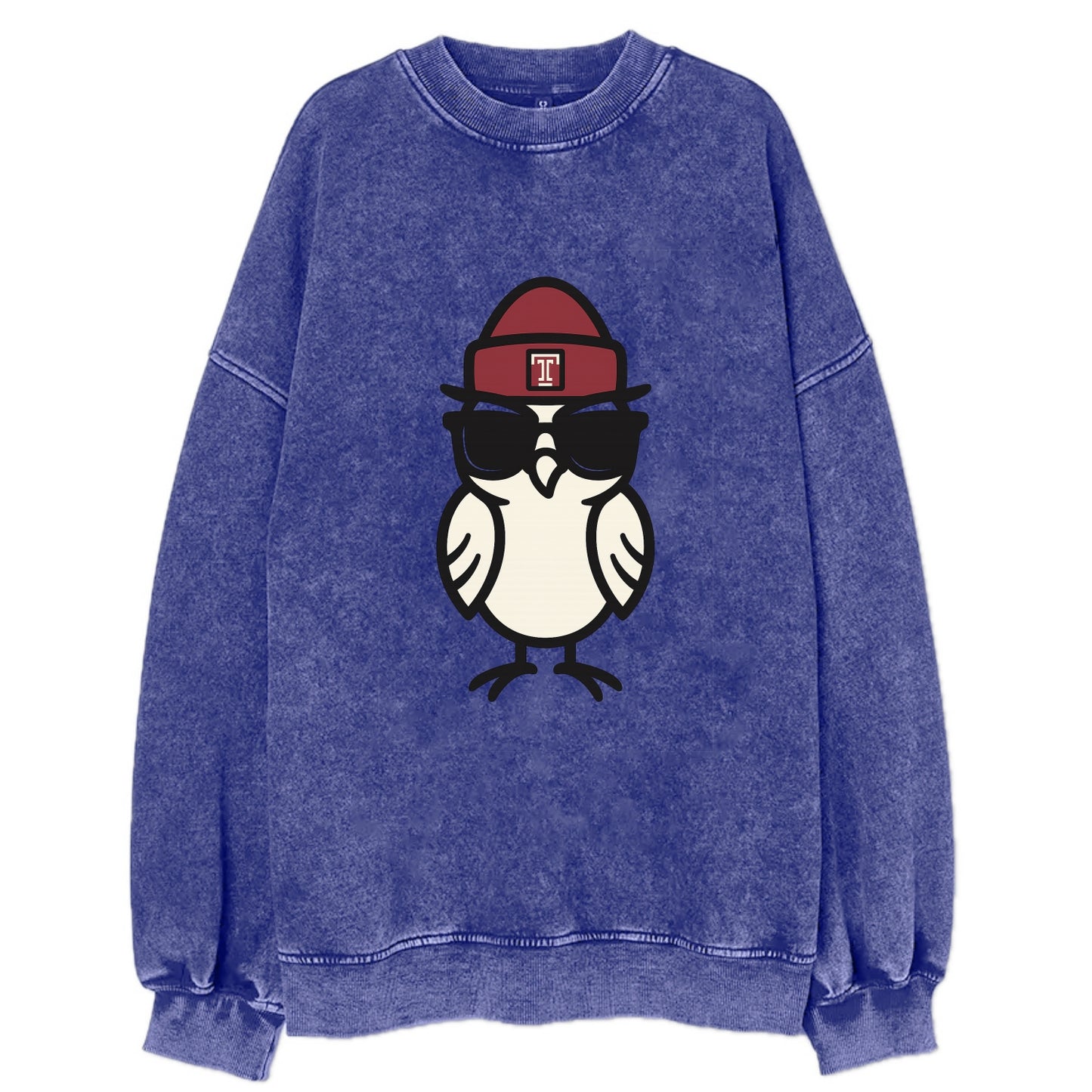 Philadelphia Owl wearing Temple beanie with T patch - Vintage Sweatshirt - Blue