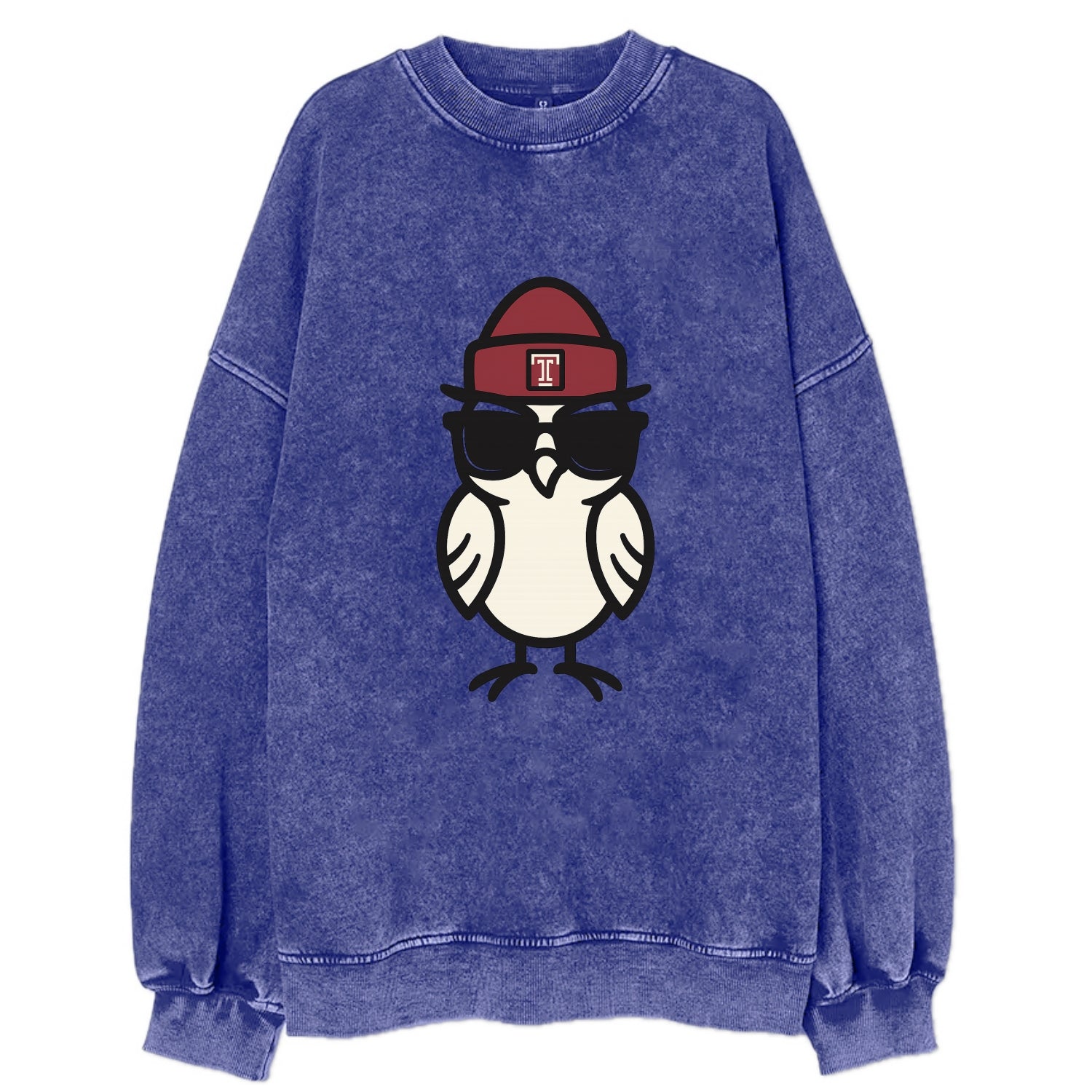 Philadelphia Owl wearing Temple beanie with T patch - Vintage Sweatshirt - Blue