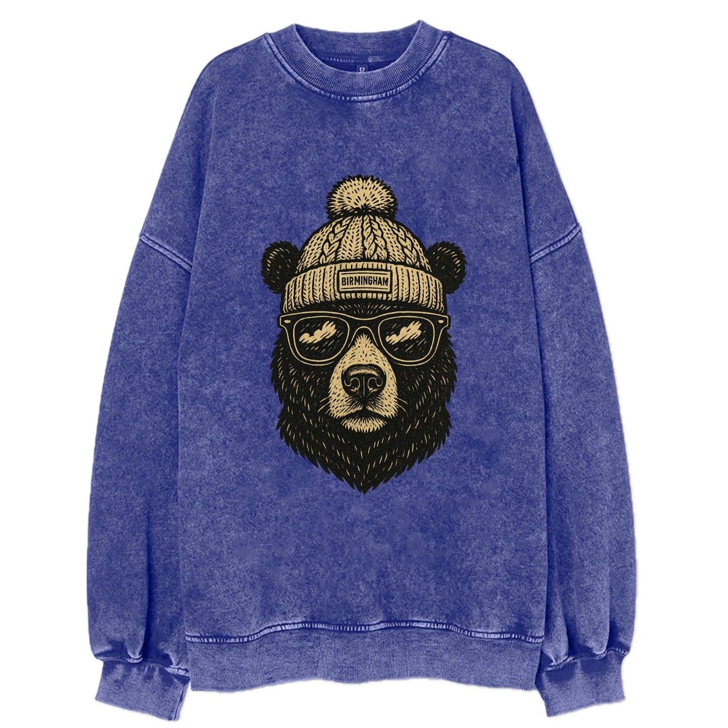 Alabama Black Bear wearing Birmingham beanie with pom pom and wayfarer - Vintage Sweatshirt - Blue
