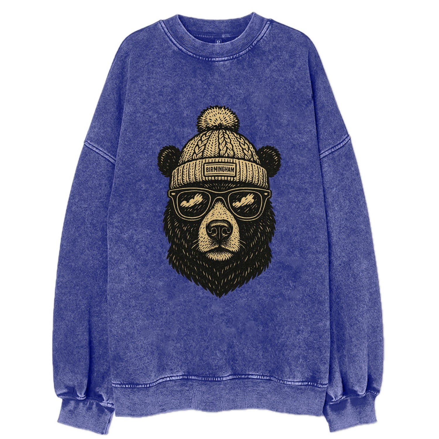 Alabama Black Bear wearing Birmingham beanie with pom pom and wayfarer - Vintage Sweatshirt - Blue