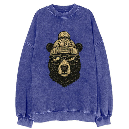 Alabama Black Bear wearing Birmingham beanie with pom pom and wayfarer - Vintage Sweatshirt - Blue