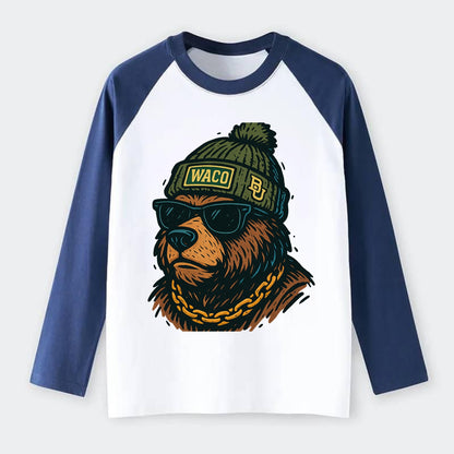 Waco Bear wearing Baylor beanie with BU patch - Raglan Long Sleeve T-Shirt - Blue