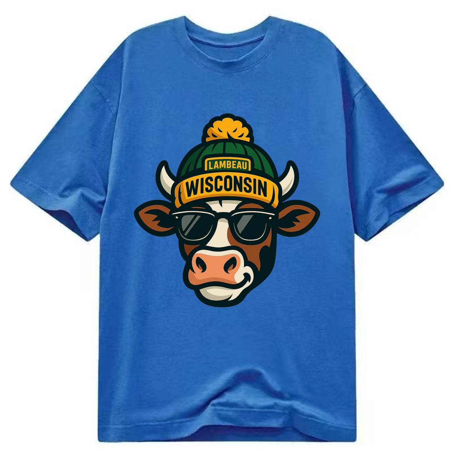 Wisconsin Cow wearing Packers beanie with Lambeau patch and wayfarer sunglasses - Classic T-shirt - Blue