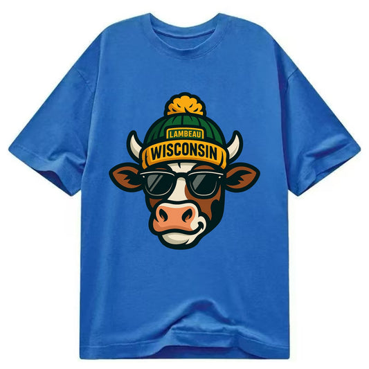 Wisconsin Cow wearing Packers beanie with Lambeau patch and wayfarer sunglasses - Classic T-shirt - Blue