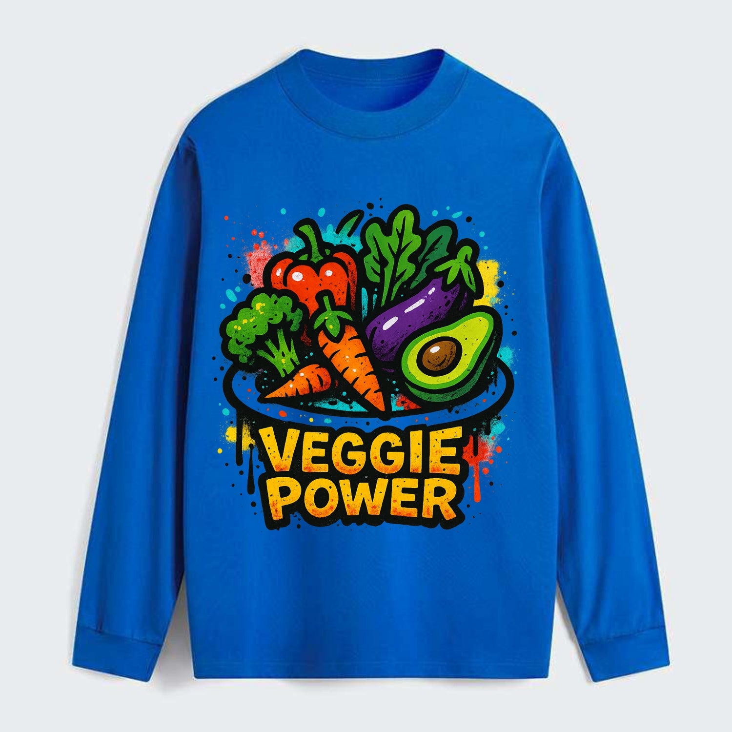Colorful vegetables and plants on plate - plant-based lifestyle, veggie - Classic Long Sleeve Shirt - Blue
