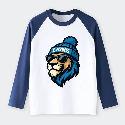 Detroit Lion wearing Lions Honolulu blue and silver beanie with pom - Raglan Long Sleeve T-Shirt - Blue