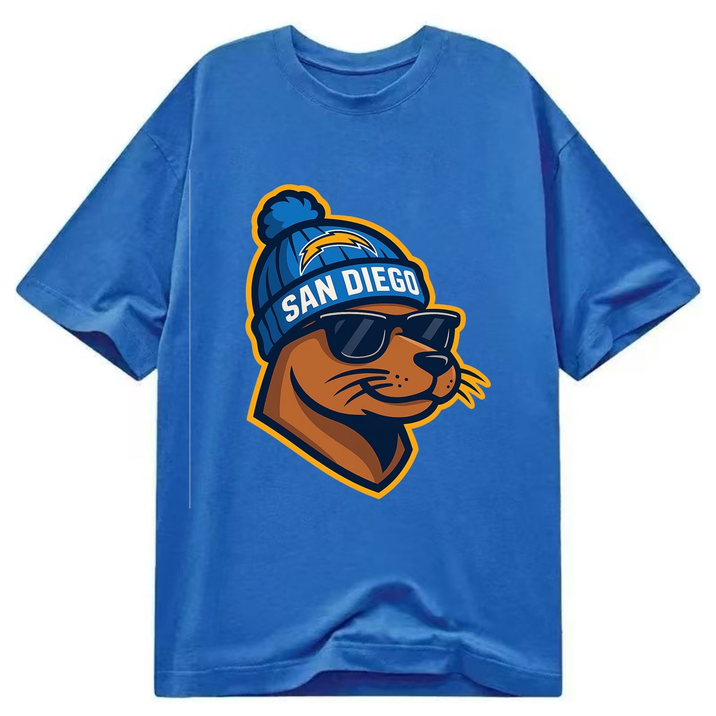 San Diego Sea Lion wearing Chargers beanie with bolt patch and wayfarer sunglasses - Classic T-shirt - Blue