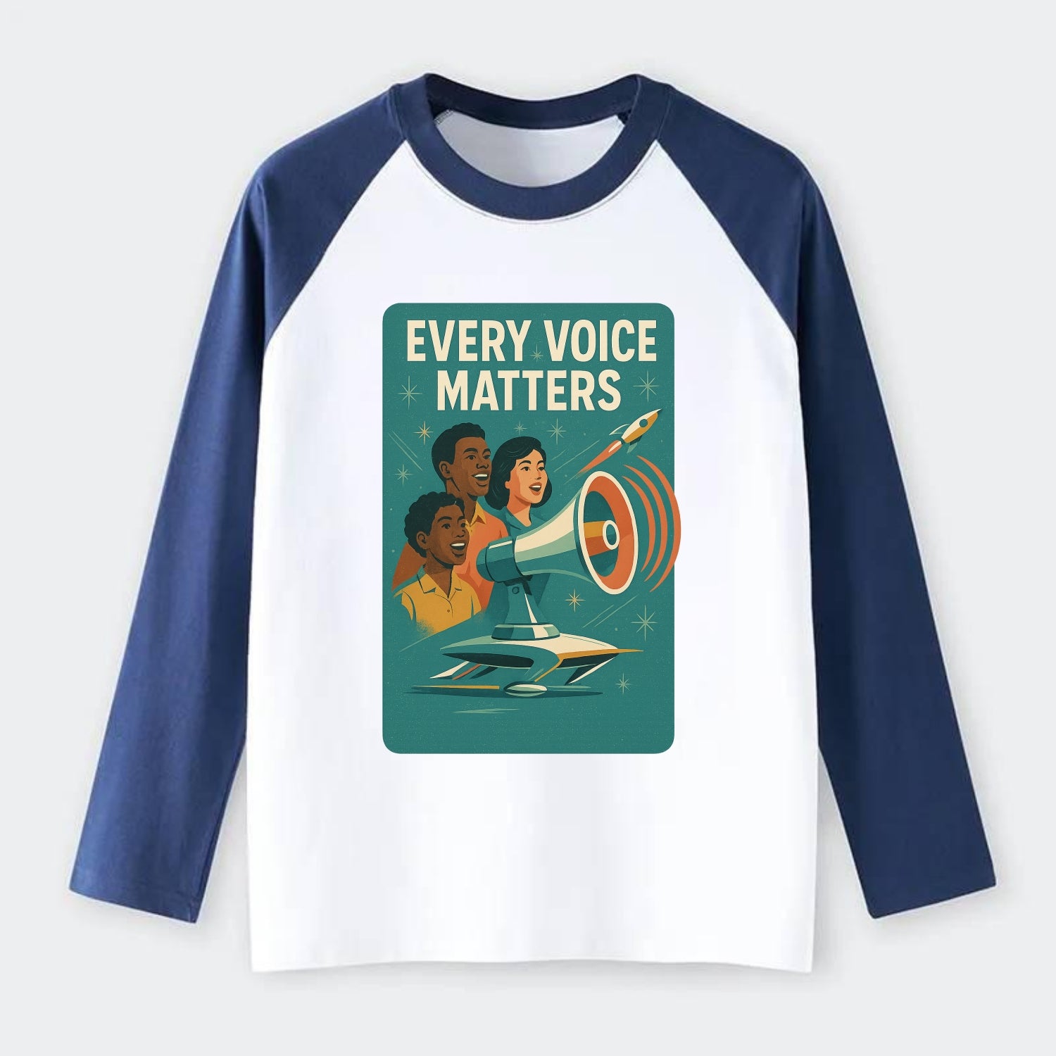 Diverse voices being heard and amplified - "Every Voice Matters" - - Raglan Long Sleeve T-Shirt - Blue