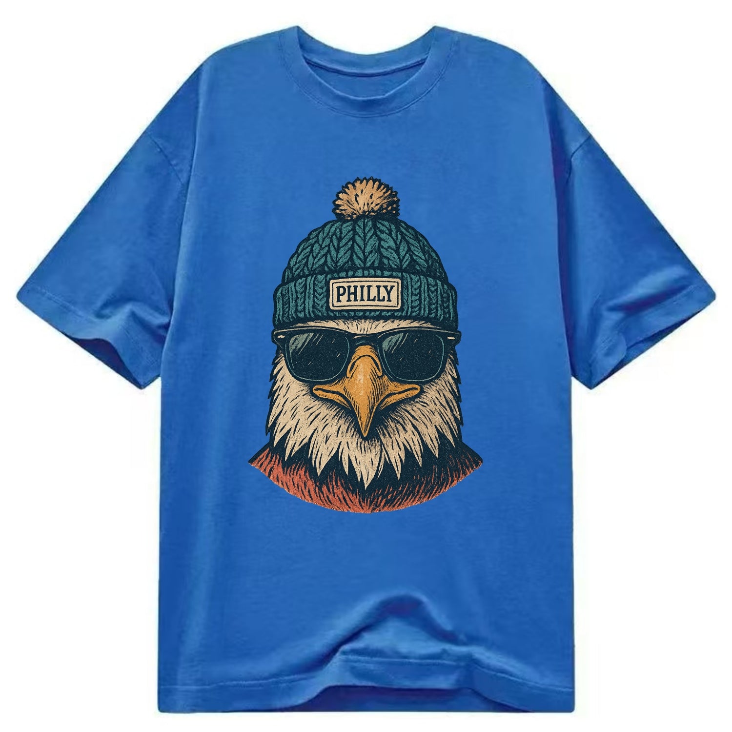 Philadelphia Eagle wearing Philly beanie with pom pom and wayfarer sunglasses - Classic T-shirt - Blue