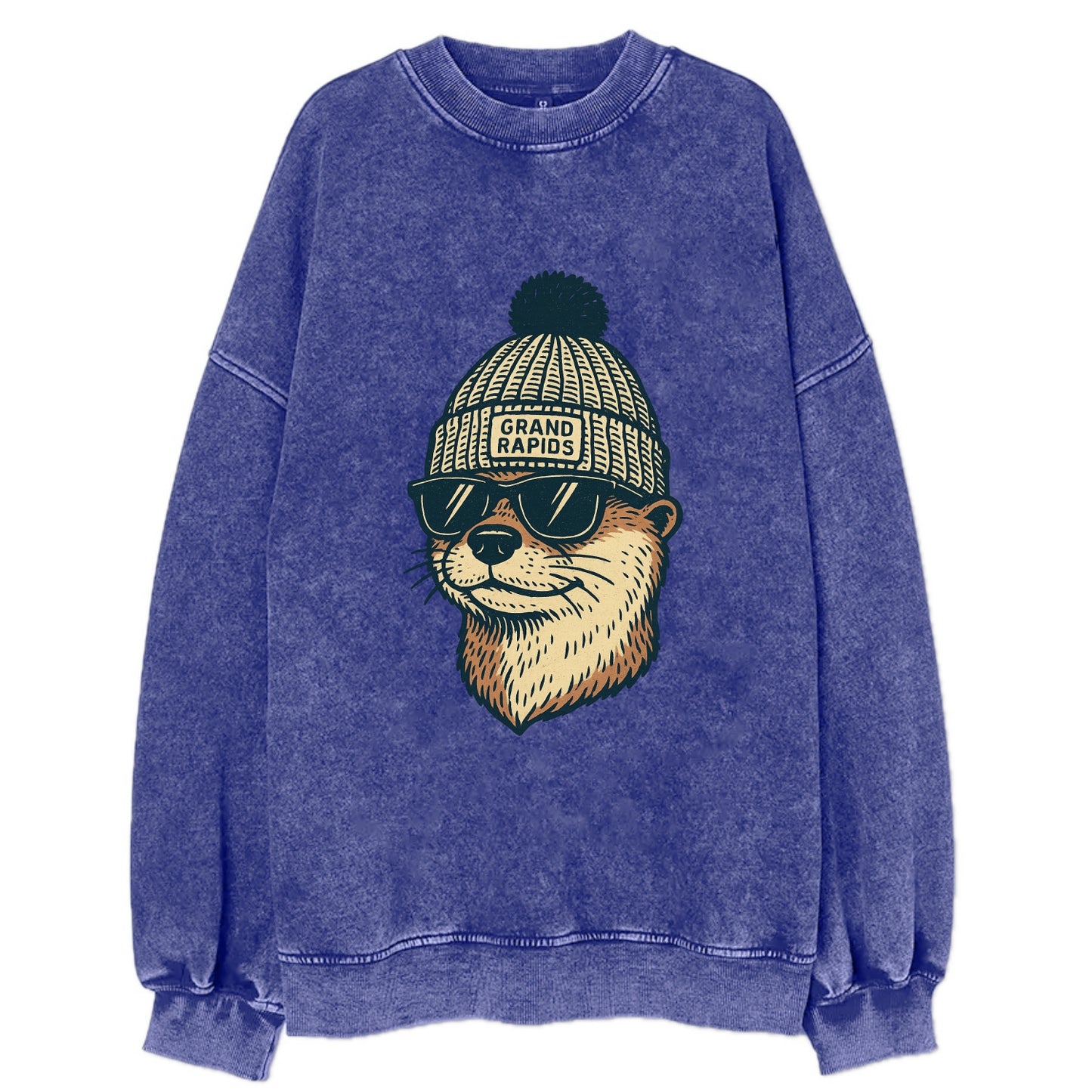 Grand Rapids River Otter wearing Grand Rapids beanie with pom pom and wayfarer - Vintage Sweatshirt - Blue