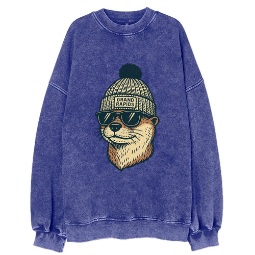 Grand Rapids River Otter wearing Grand Rapids beanie with pom pom and wayfarer - Vintage Sweatshirt