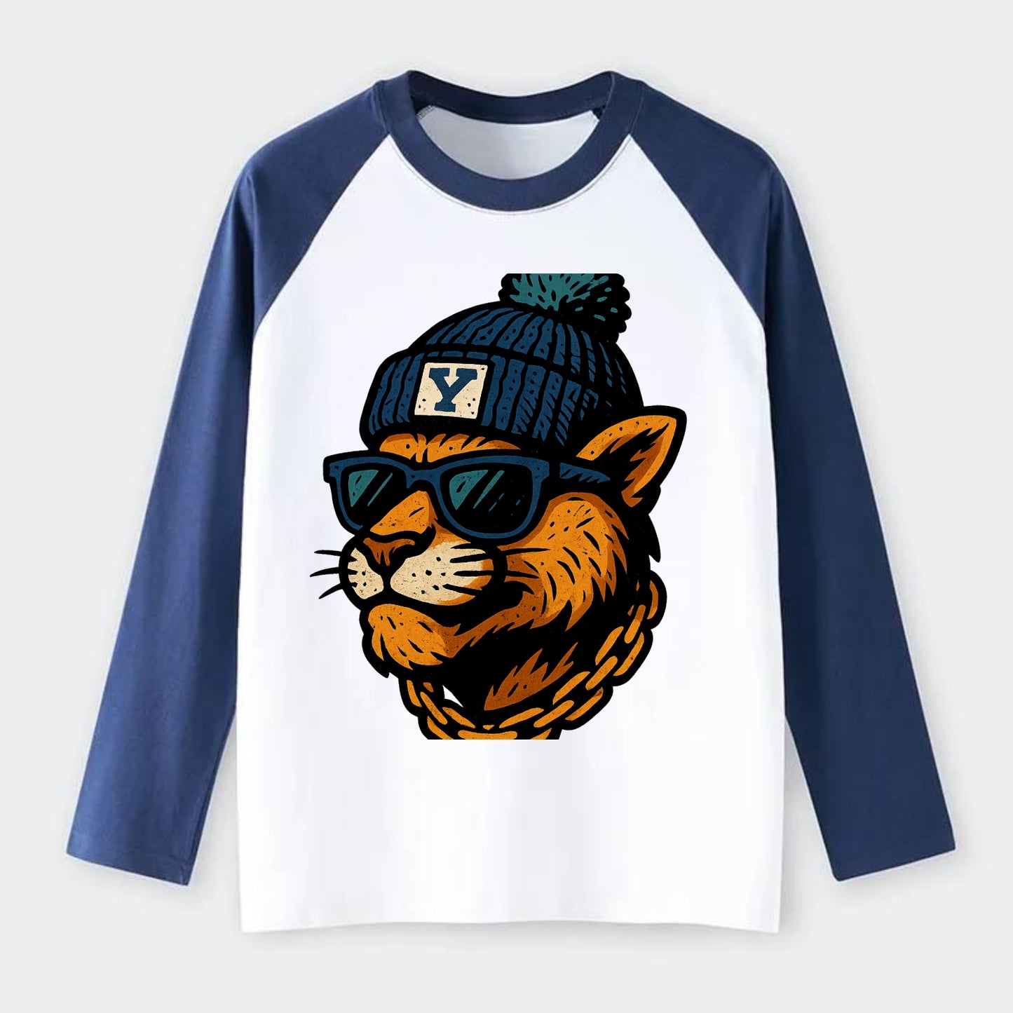 Provo Cougar wearing BYU beanie with Y patch - Raglan Long Sleeve T-Shirt - Blue