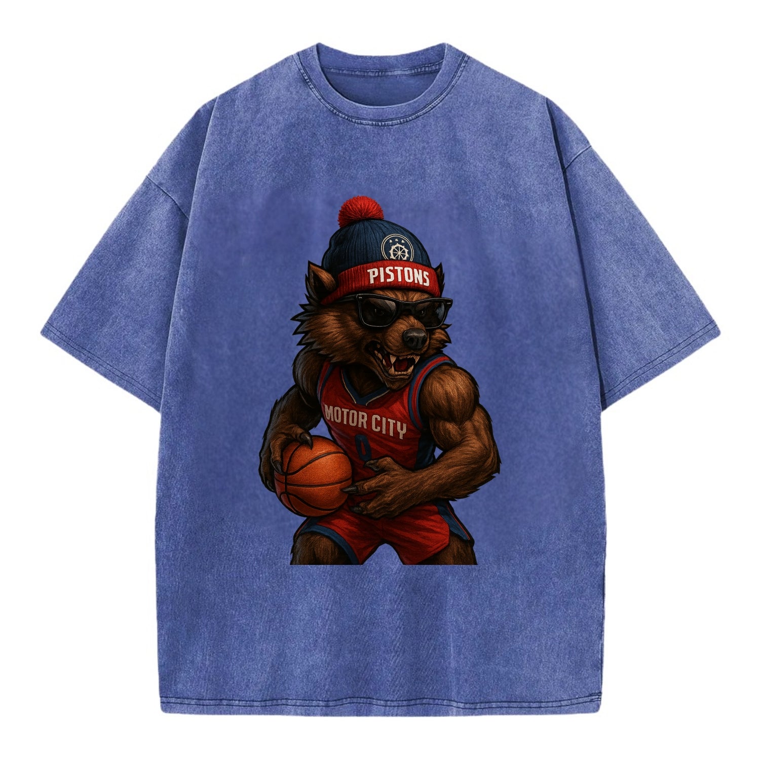 Motor City Wolverine wearing Pistons beanie with gear patch and wayfarer - Vintage T-shirt - Blue