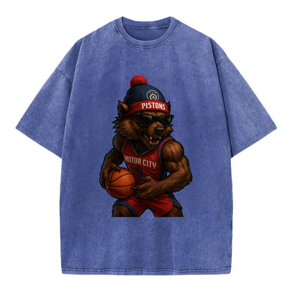 Motor City Wolverine wearing Pistons beanie with gear patch and wayfarer - Vintage T-shirt - Blue