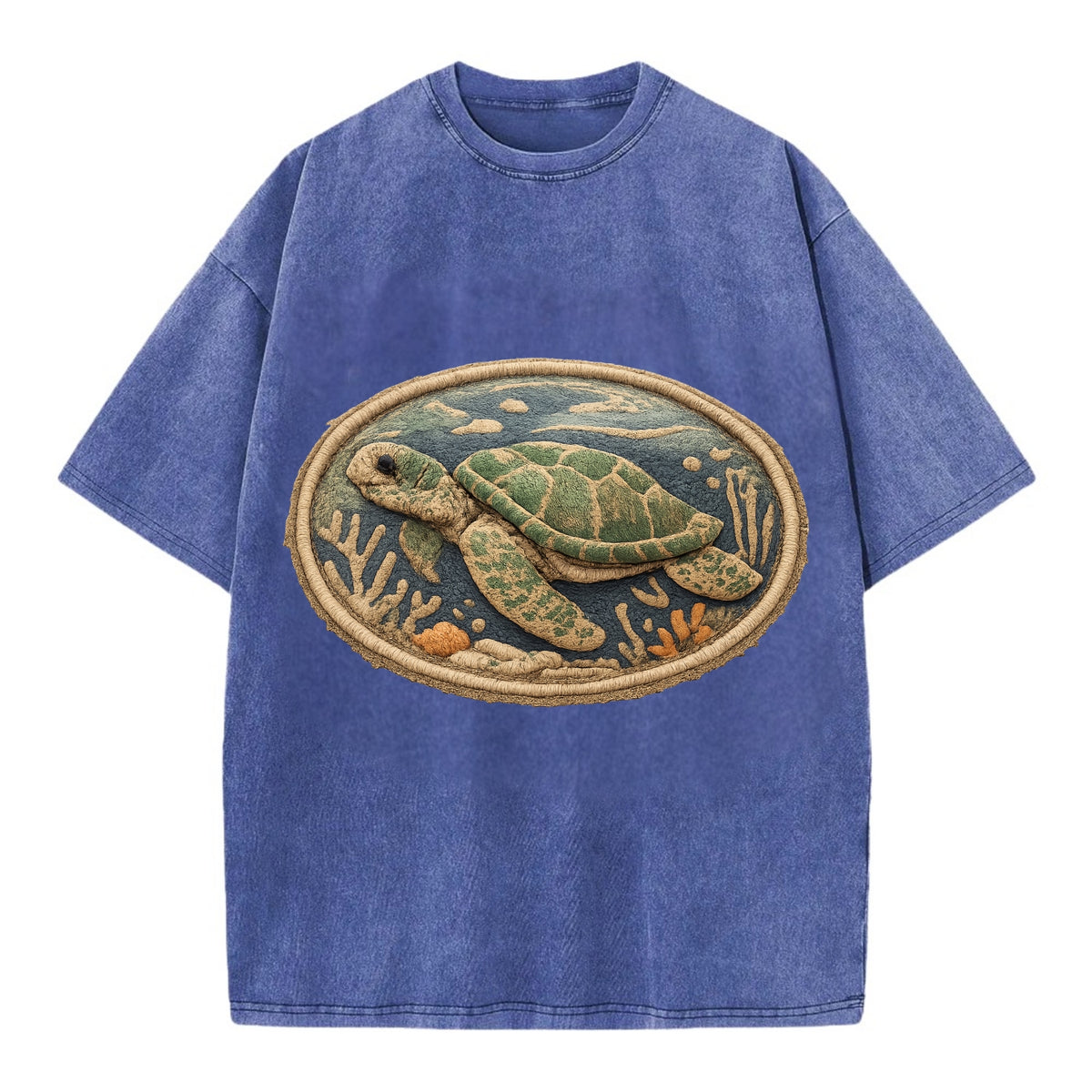 SEA TURTLE - swimming turtle in green and blue , ocean life - Vintage T-shirt - Blue