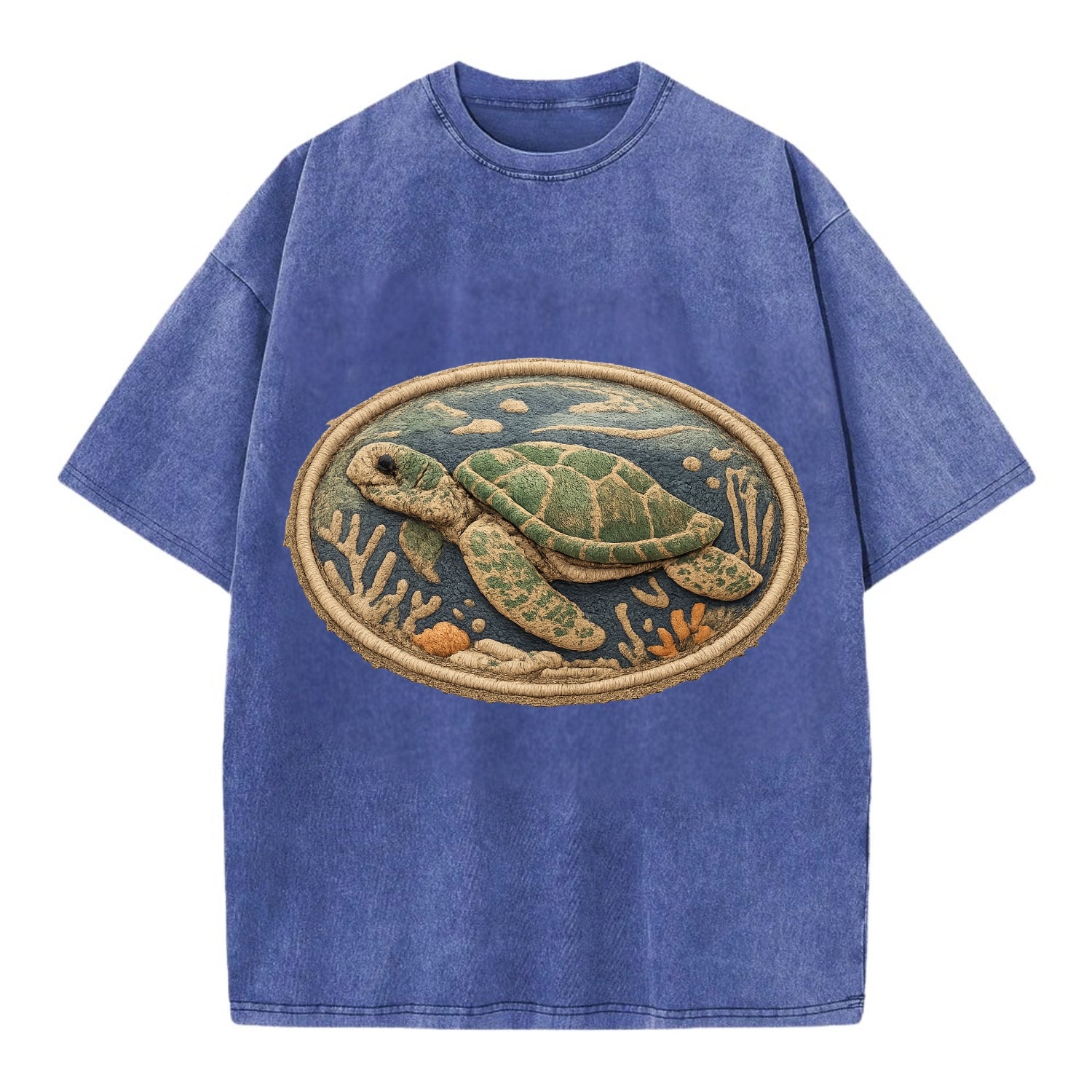 SEA TURTLE - swimming turtle in green and blue , ocean life - Vintage T-shirt - Blue