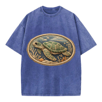 SEA TURTLE - swimming turtle in green and blue , ocean life - Vintage T-shirt - Blue