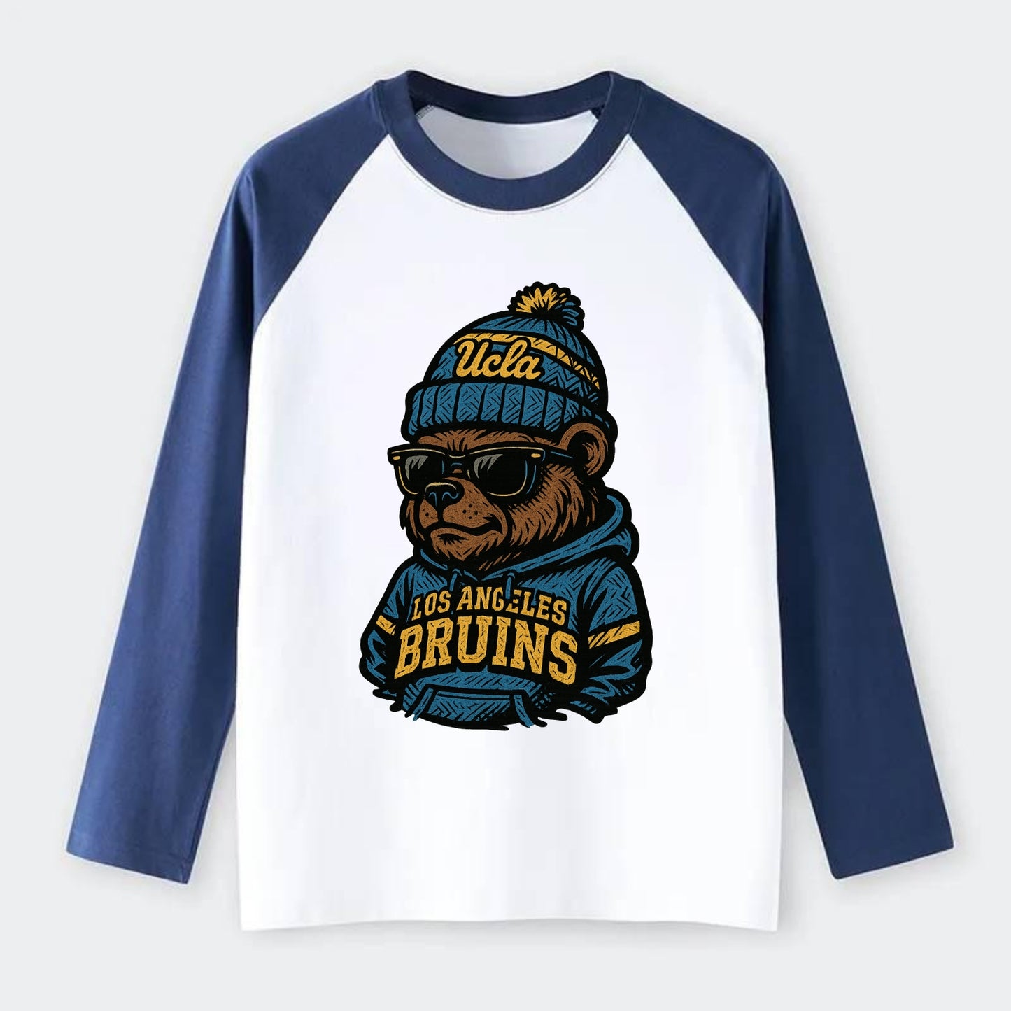 Los Angeles Bruin wearing UCLA beanie with script patch - Raglan Long Sleeve T-Shirt - Blue