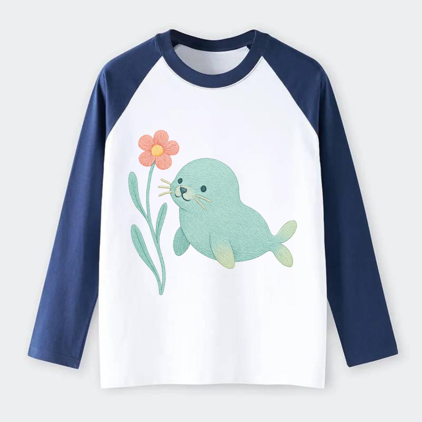 Mint Seal Pup - Raglan Long Sleeve T-Shirt - Blue