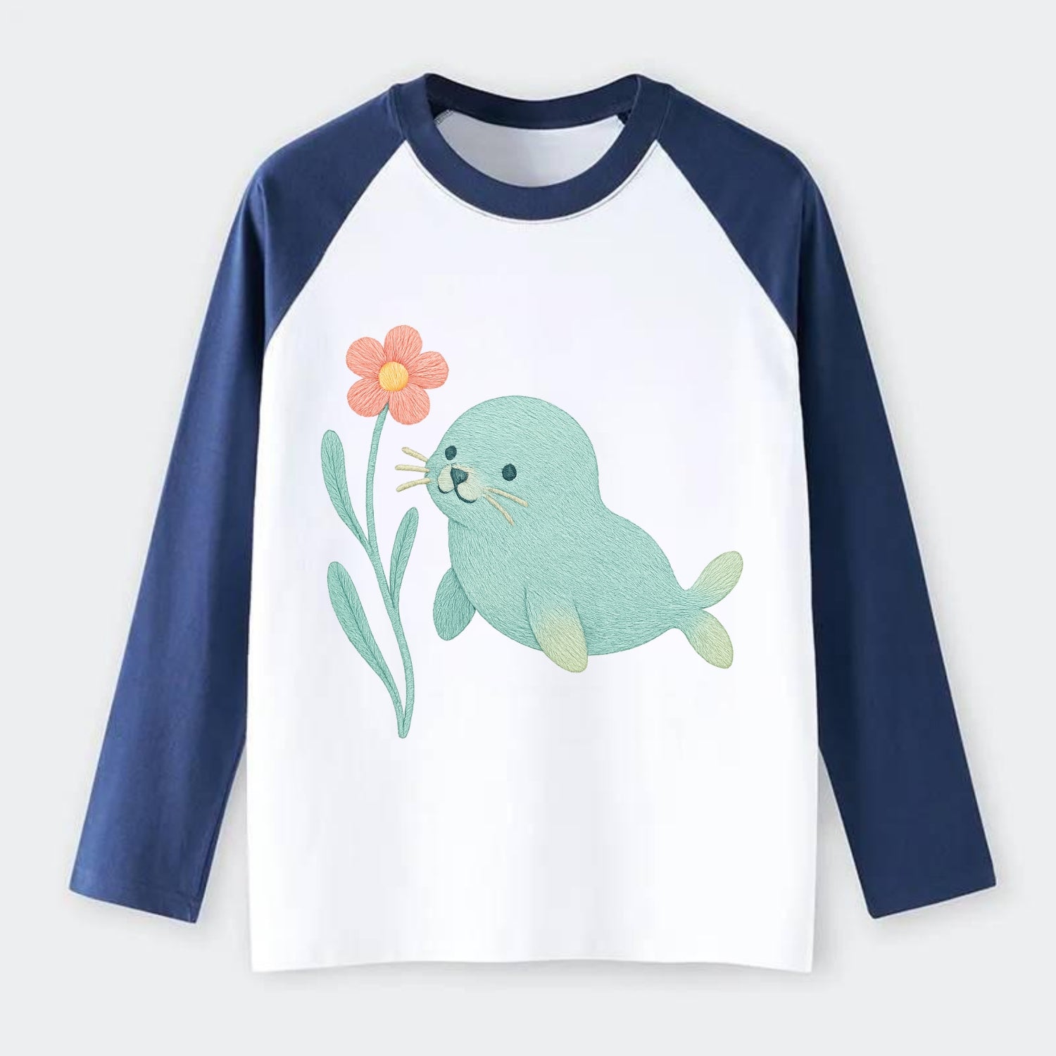 Mint Seal Pup - Raglan Long Sleeve T-Shirt - Blue