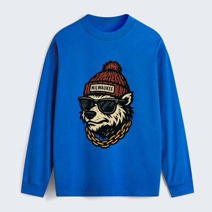 Milwaukee Badger wearing Milwaukee beanie with pom pom and wayfarer - Classic Long Sleeve Shirt - Blue