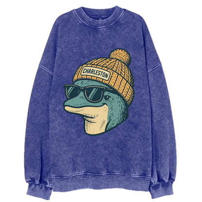 Charleston Dolphin wearing Charleston beanie with pom pom and wayfarer - Vintage Sweatshirt - Blue