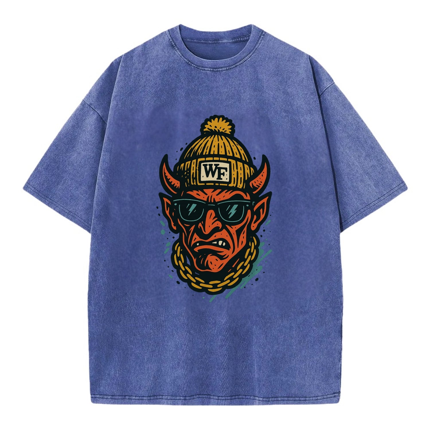 Winston-Salem Demon wearing Wake Forest beanie with WF patch - Vintage T-shirt - Blue