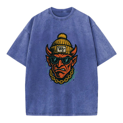 Winston-Salem Demon wearing Wake Forest beanie with WF patch - Vintage T-shirt